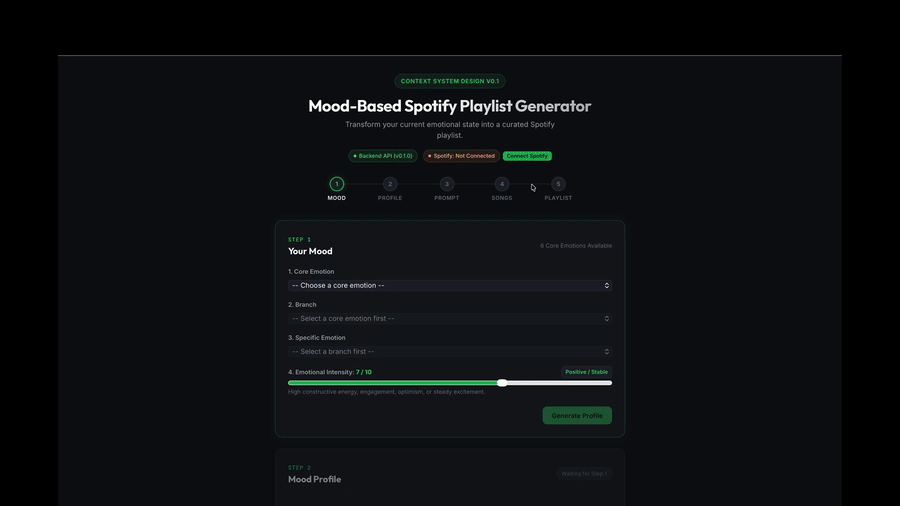 Animated demonstration of Mood-Based Spotify Playlist Generator interface showing mood taxonomy traversal and playlist creation